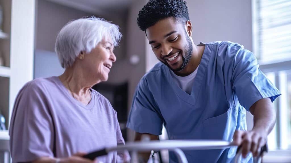 A nurse helps an older woman standup with her walker at her home as part of Healthy Connections' outreach services.