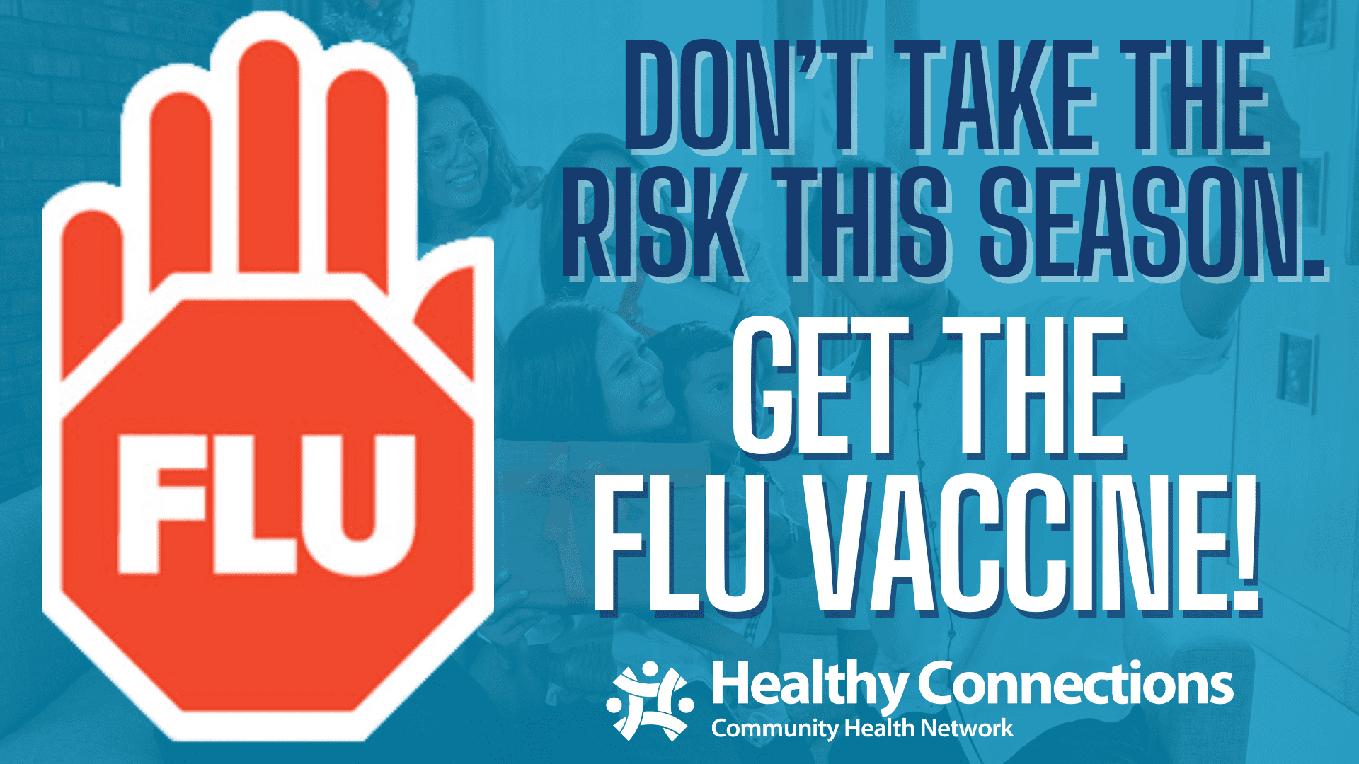 A hand with a stop sign that says "FLU." Don't take the risk this season. Get the Flue Vaccine.