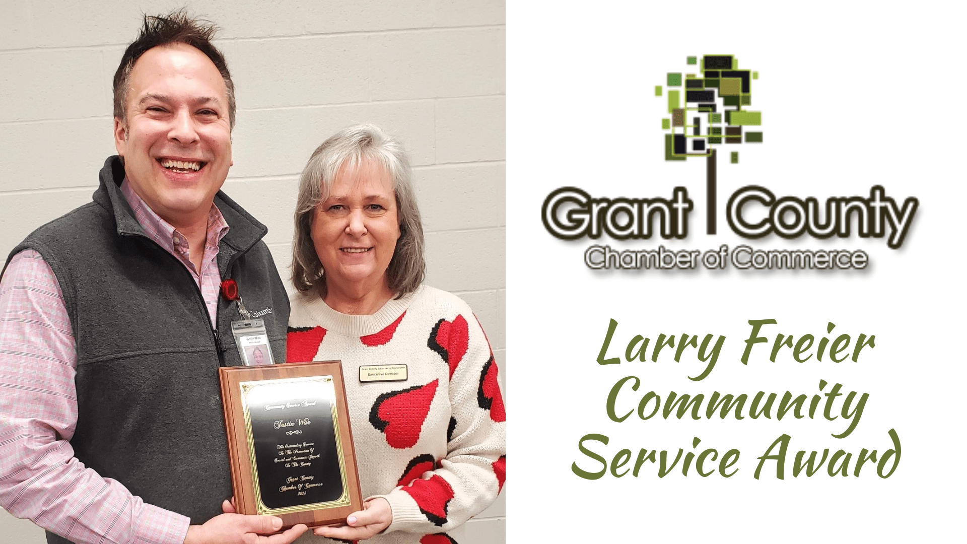 A picture of Justin Wise with Healthy Connections receiving the 2024 Larry Freier Community Service Award by the Grant County Chamber.