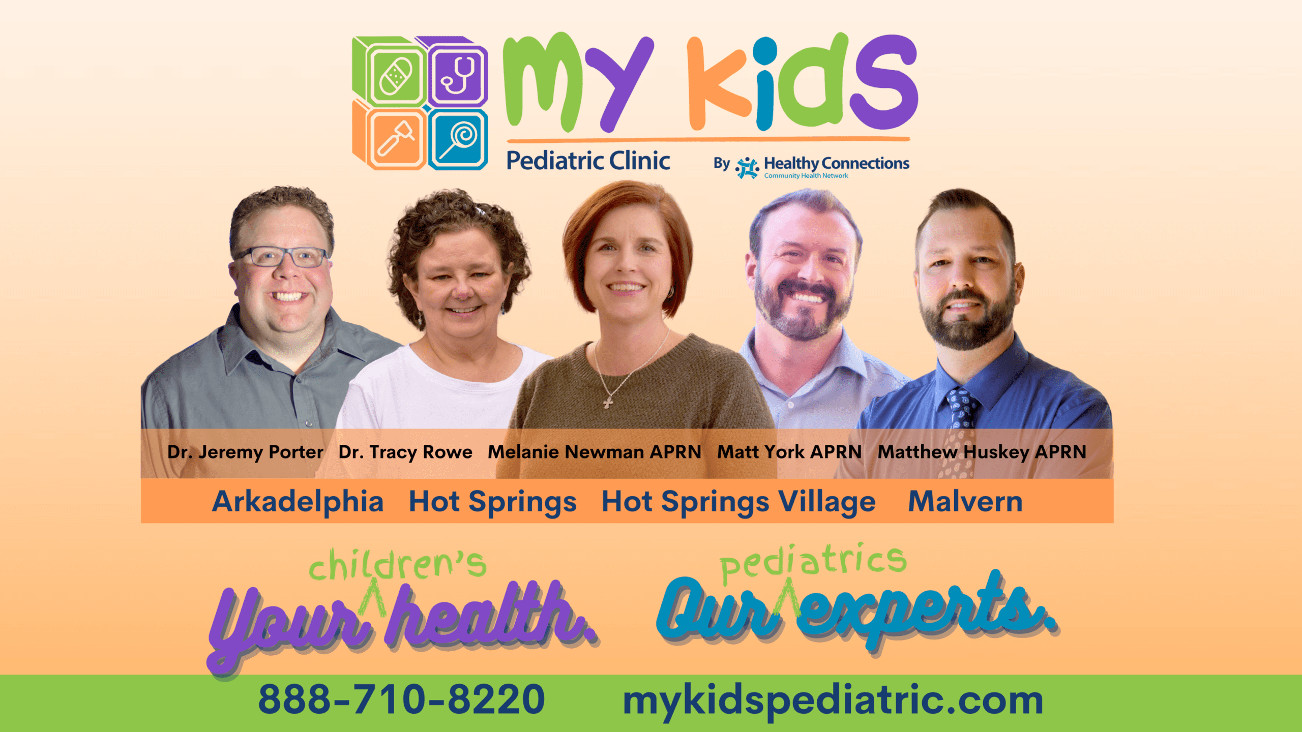 A graphic promoting My Kids Pediatric Clinic by Healthy Connections. Your children's health and our pediatrics experts.
