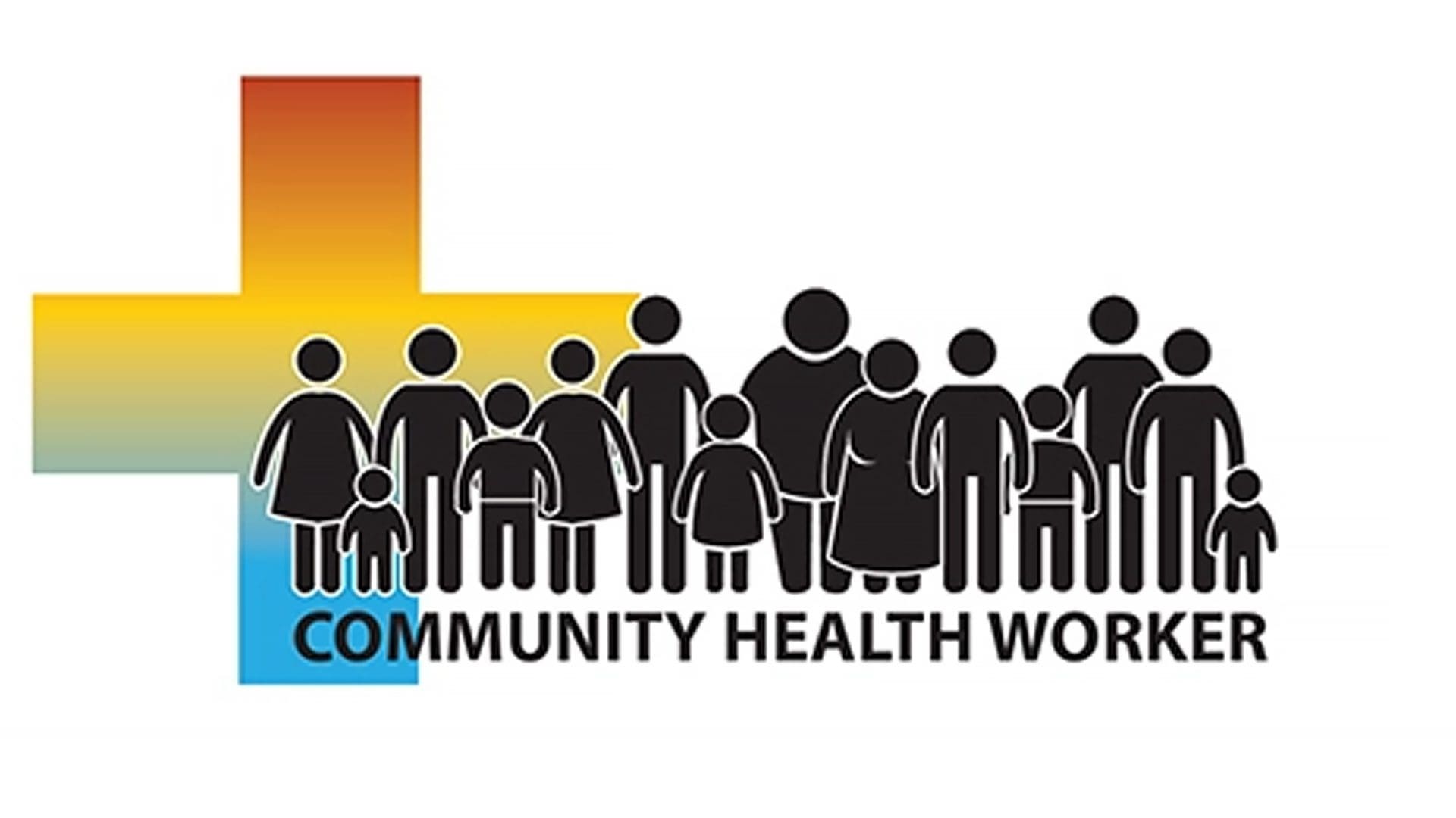 A colorful healthcare cross with little figures of people labeled "Community Health Worker."