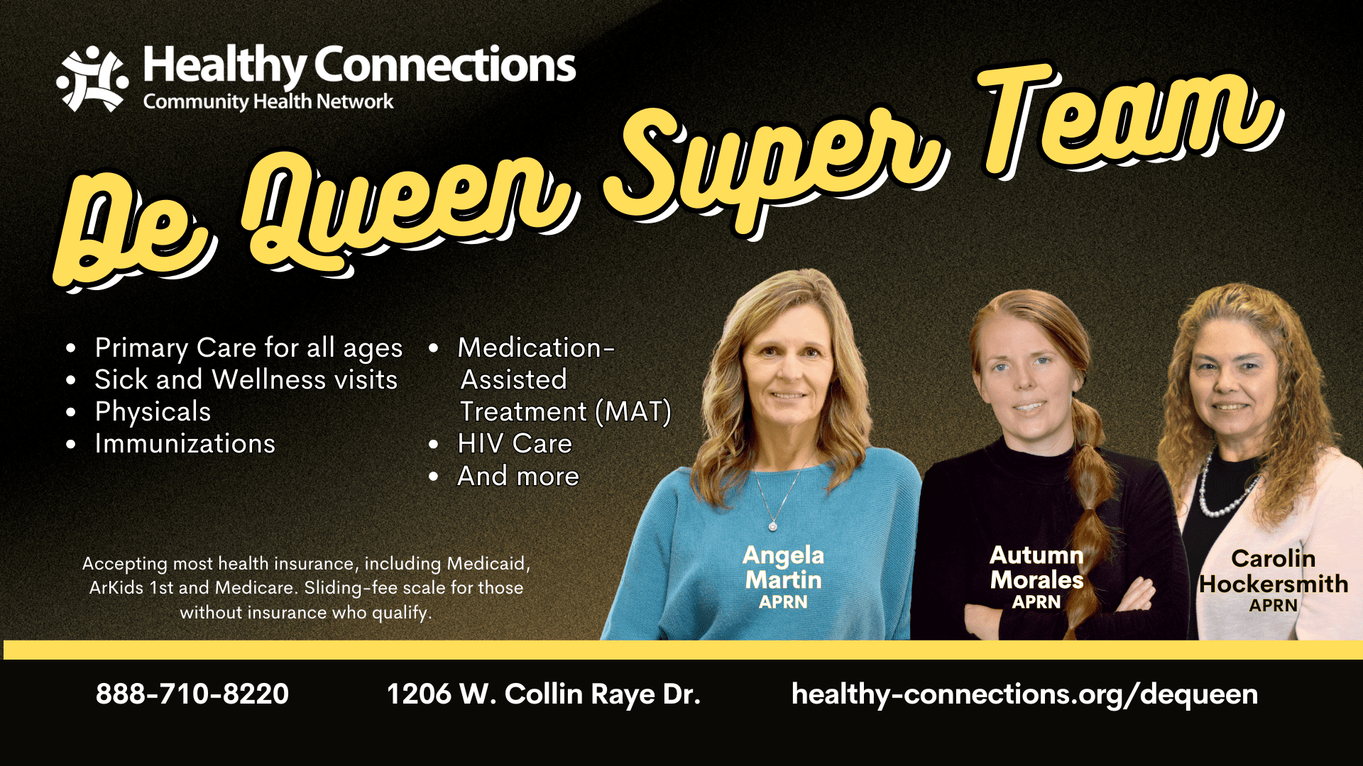 A graphic titled De Queen Super Team with profiles of three physicians and a list of services.