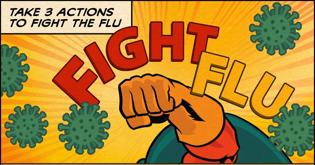 A comic book graphic of a fist punching with wording around it that says "Fight Flu"