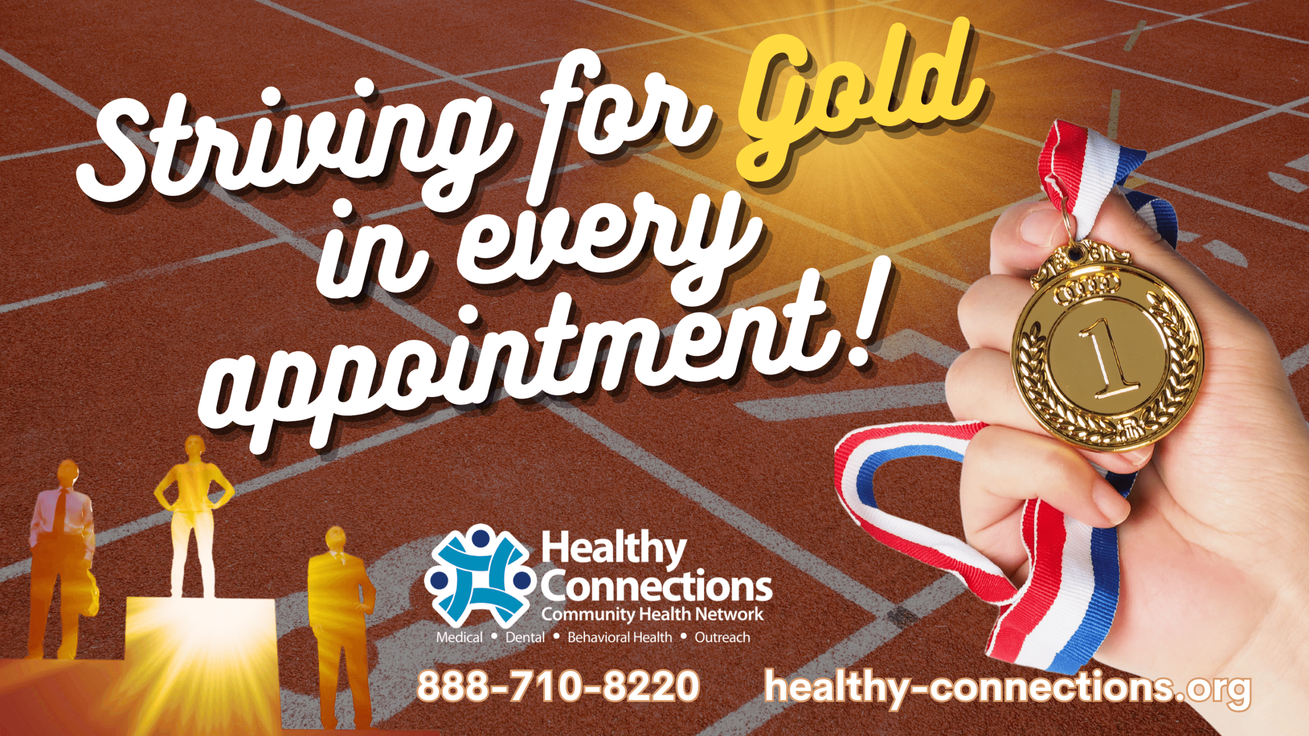 A Healthy Connections news announcement titled "Striving for Gold in every appointment" with a track background and a hand holding a gold medal.