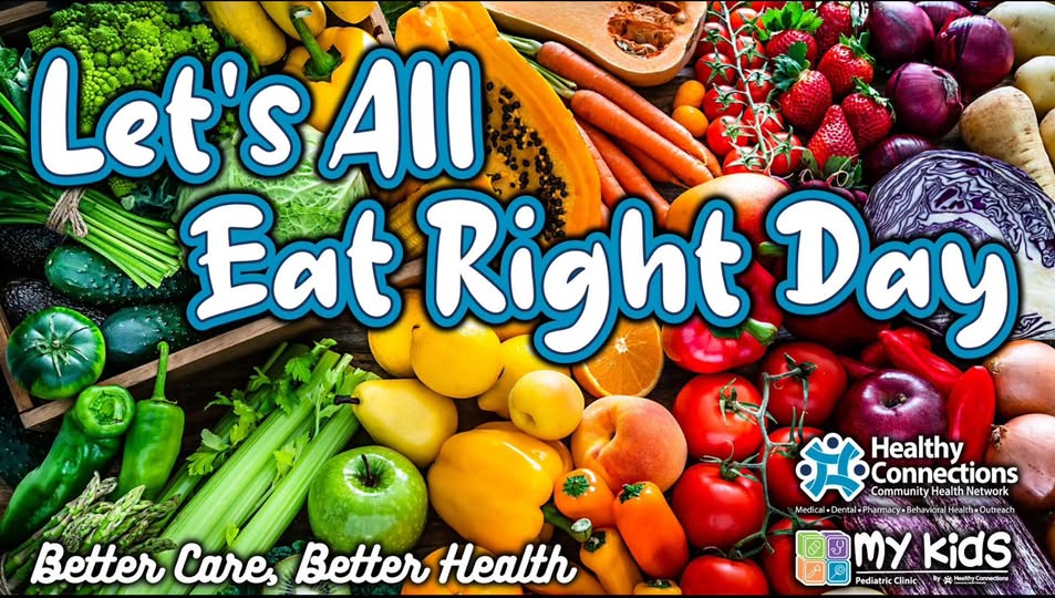 Let's All Eat Right Day with a background of colorful fruits and veggies.