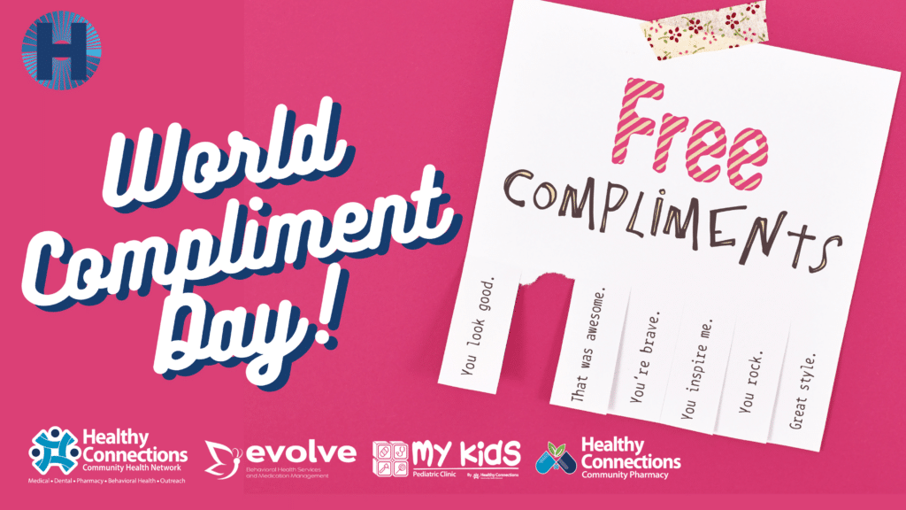 Healthy Connections blog post—World Compliment Day with a picture of a tear-off sheet that says "Free Compliments"
