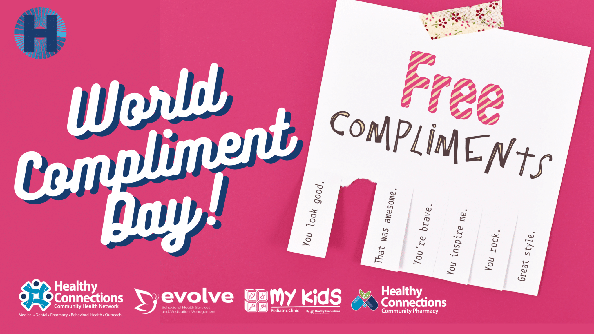 Healthy Connections blog post—World Compliment Day with a picture of a tear-off sheet that says "Free Compliments"