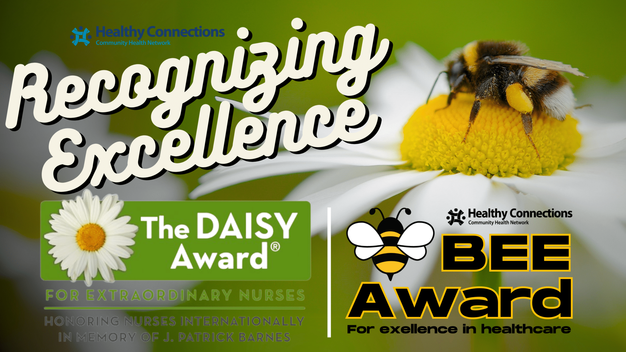 A graphic for the reception of the Bee Award for excellence in healthcare and the DAISY Award for extraordinary nurses.