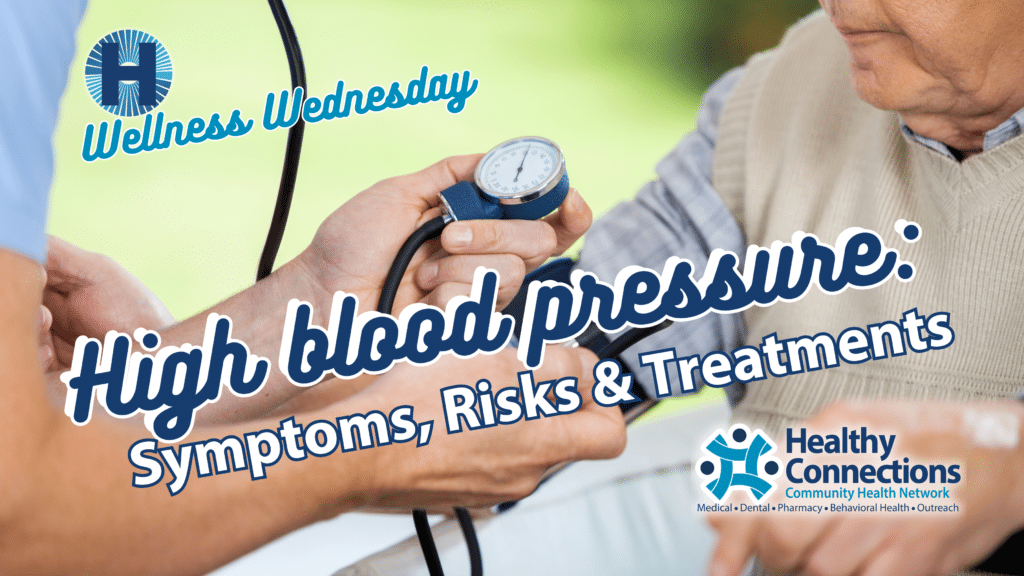 A blog cover addressing high blood pressure: symptoms, risks & treatments.